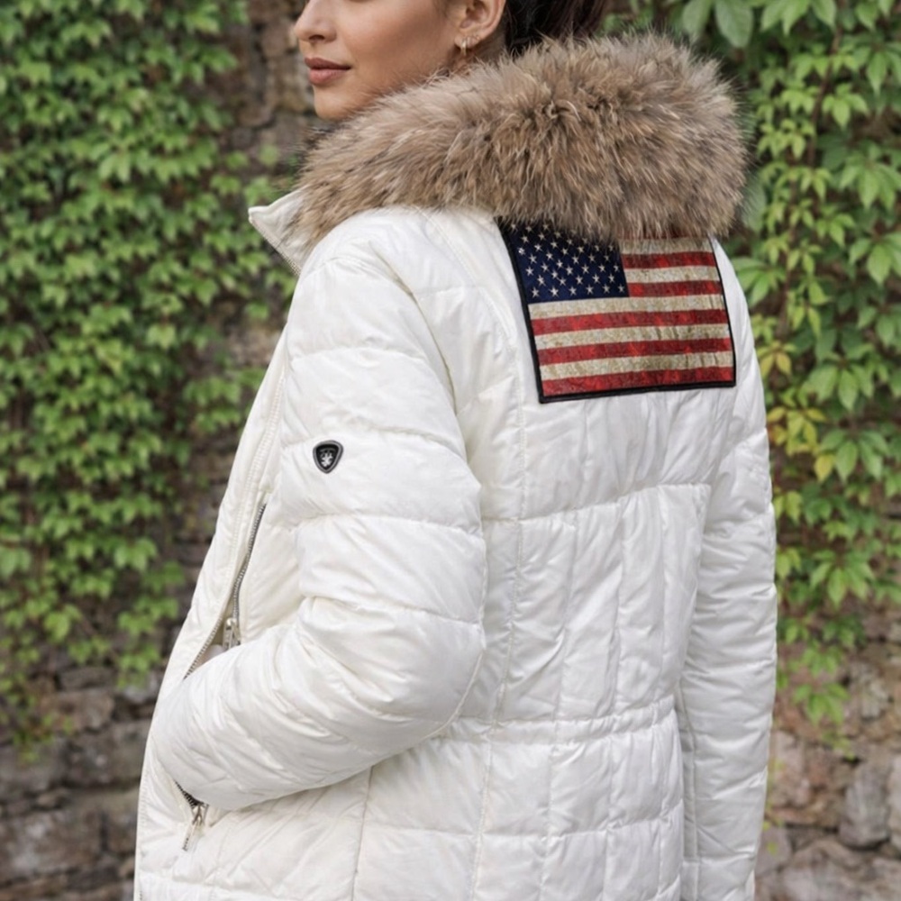 1 MADISON Customized American Flag Down Jacket with Fur Trimmed Hood, M